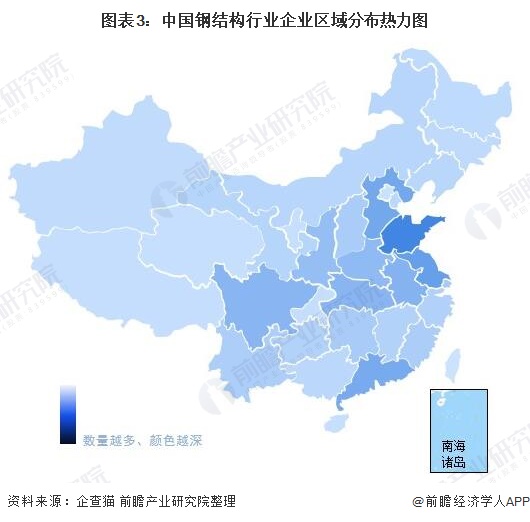 图表3:中国钢结构行业企业区域分布热力图